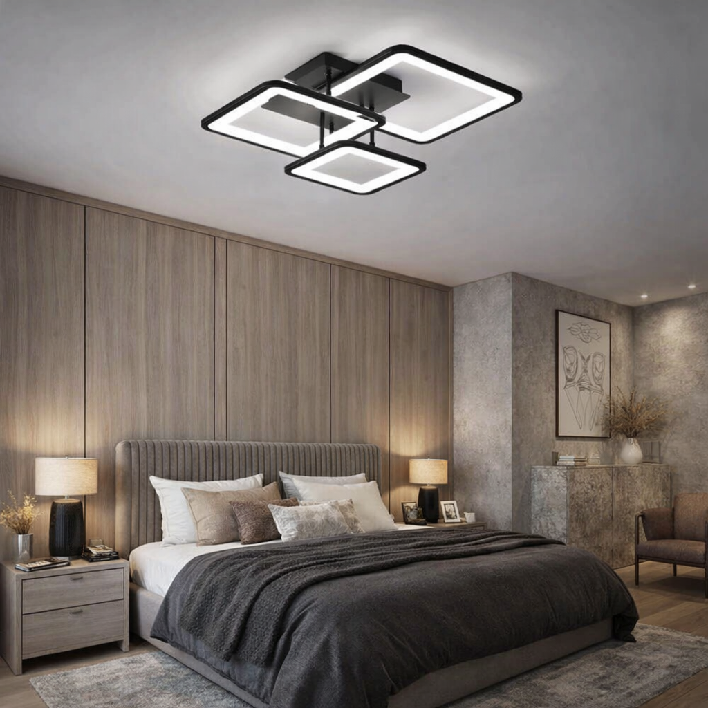 Three Square LED Chandelier - Black, 400W Equivalent, Remote