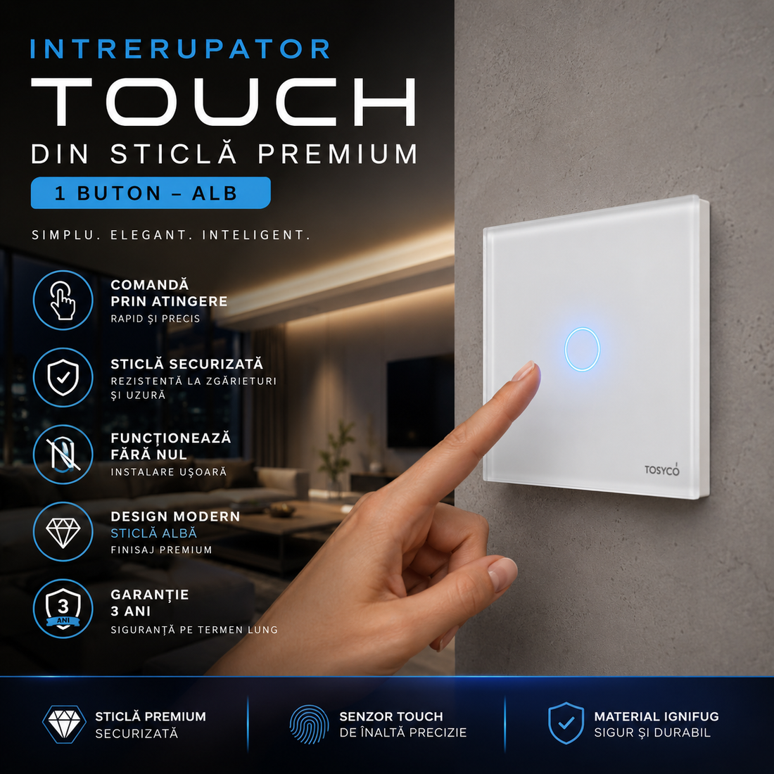 Intrerupator Alb cu Touch din Sticla 1 Buton Premium